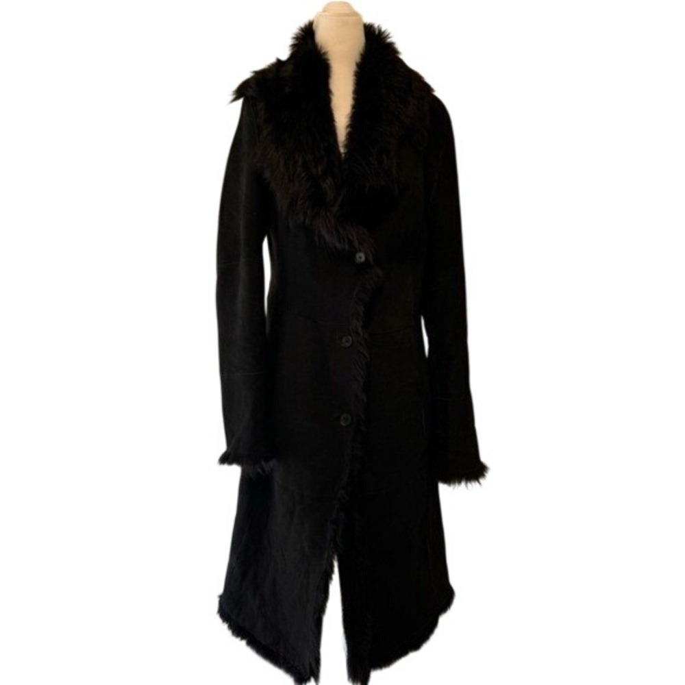 Andrew Marc New York Black Shearling Mouton Fur Long Coat Large Turkey 56-04